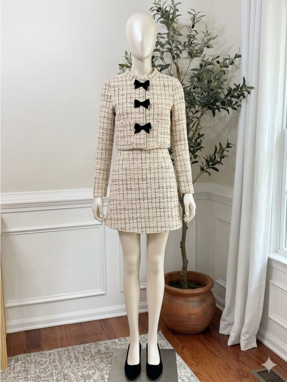 Cream Tweed Jacket & Long Sleeve Dress Set Black Bow Accents. 12 Petite Girls
